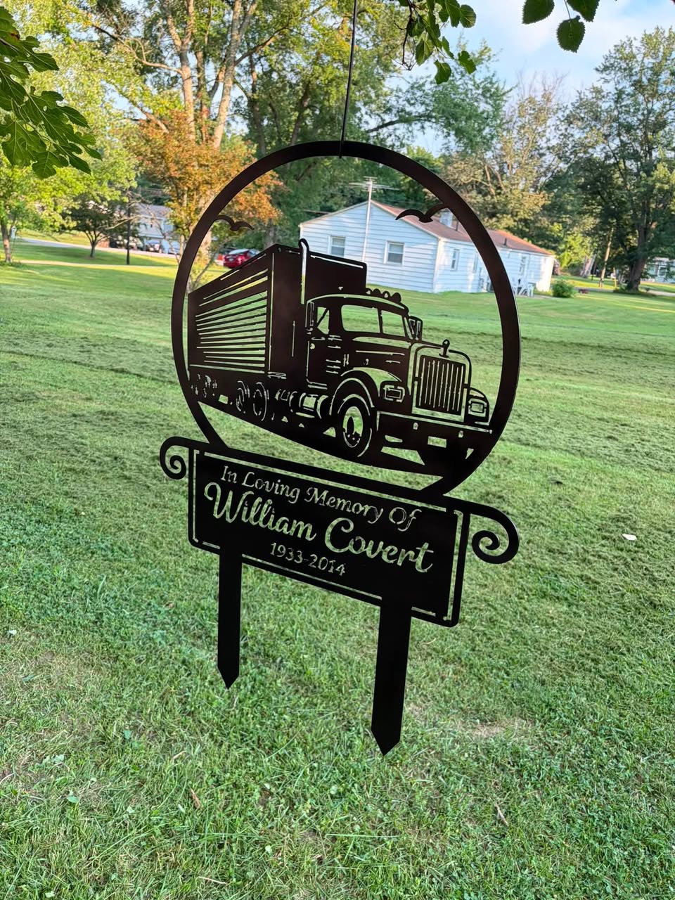 CNC plasma cut steel memorial yard sign featuring a semi truck